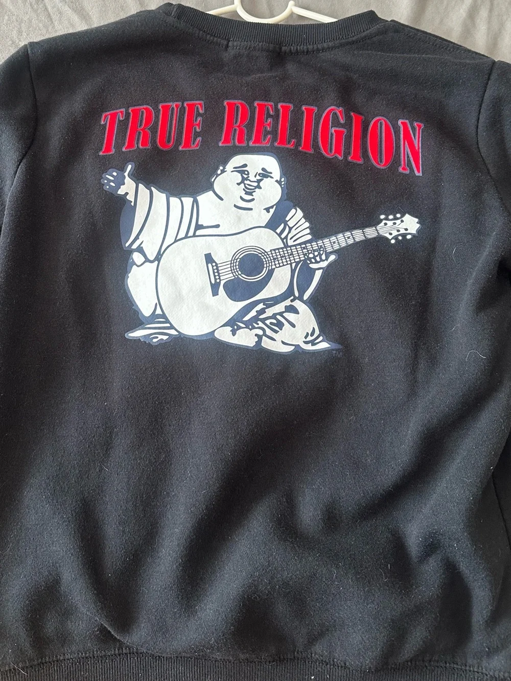 True Religion Black Crewneck Sweater with Pink Logo Emblem